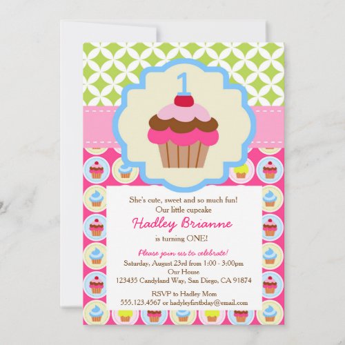 Bright Cupcake 1st Birthday Party Invitation