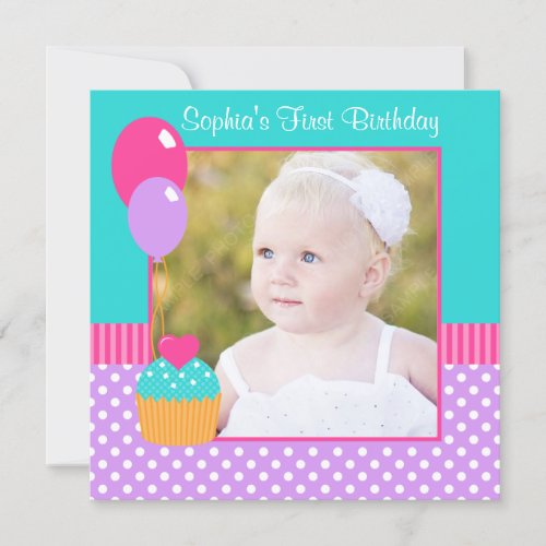 Bright Cupcake Polka Dot Girl 1st Birthday Photo Personalized Announcements