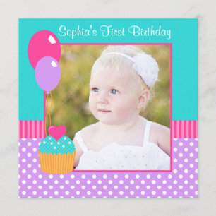 Bright Cupcake Polka Dot Girl 1st Birthday Photo Invitation