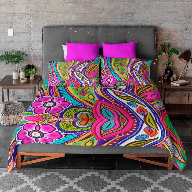 Bright Cute Boho Paisley Retro Floral Pattern Duvet Cover (Creator Uploaded)