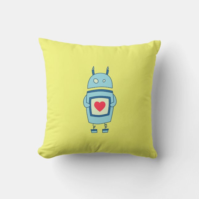 Bright Cute Clumsy Robot With Heart Throw Pillow (Front)