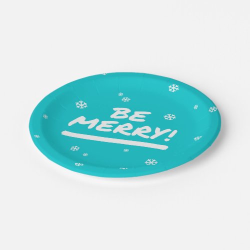 Bright Cyan Blue Be Merry Christmas Paper Plates