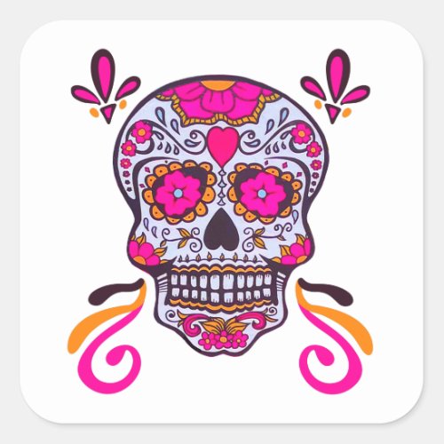 Bright Day of the Dead Catrina Skull with Flowers Square Sticker