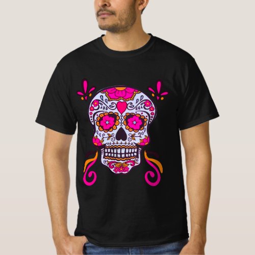 Bright Day of the Dead Catrina Skull with Flowers T_Shirt
