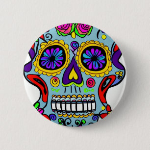 bright day of the dead celebration skull  button