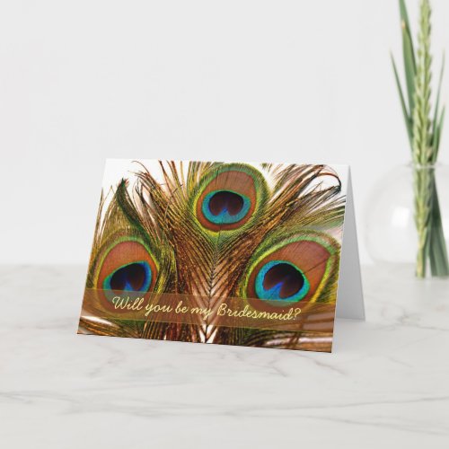 Bright decorative peacock feathers Bridesmaid card