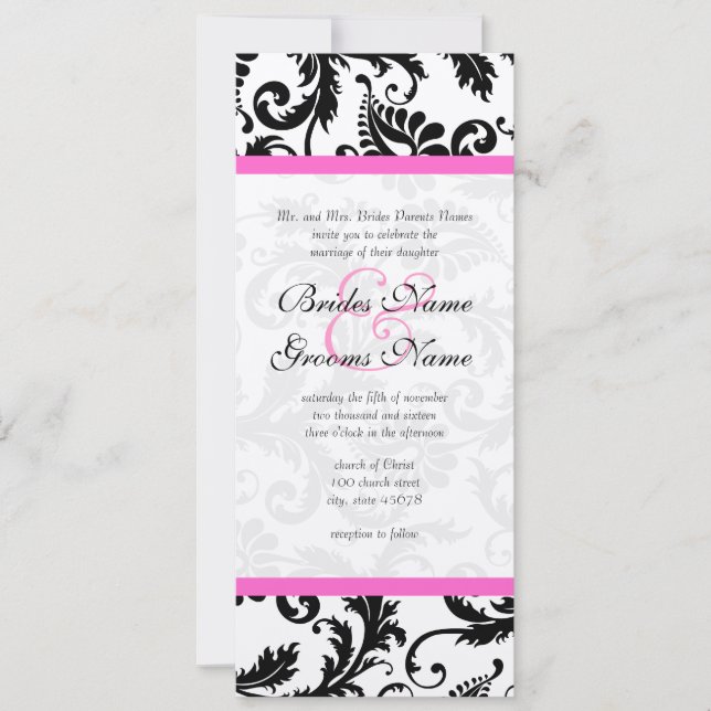 Bright Deep Pink Damask Swirls Wedding Invitation (Front)