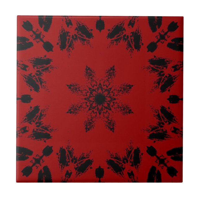 Bright deep red ebony black star flower geometric  ceramic tile (Front)