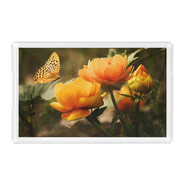 Bright Deep Yellow Flowers with Butterfly Acrylic Tray (Front)