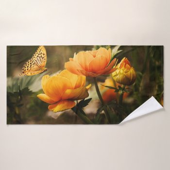Bright Deep Yellow Flowers With Butterfly Bath Towel by kahmier at Zazzle