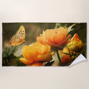 Bright Deep Yellow Flowers with Butterfly Beach Towel