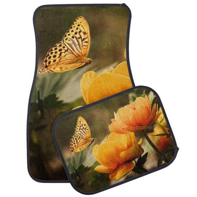 Bright Deep Yellow Flowers with Butterfly Car Floor Mat (Set)