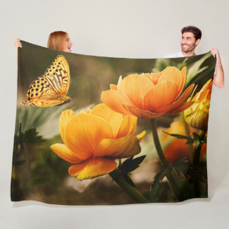 Bright Deep Yellow Flowers with Butterfly Fleece Blanket