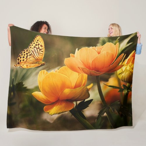 Bright Deep Yellow Flowers with Butterfly Fleece Blanket