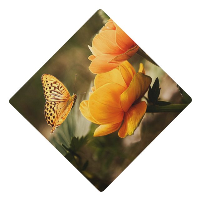 Bright Deep Yellow Flowers with Butterfly Graduation Cap Topper (Front)