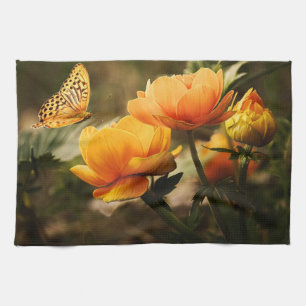 Bright Deep Yellow Flowers with Butterfly Kitchen Towel