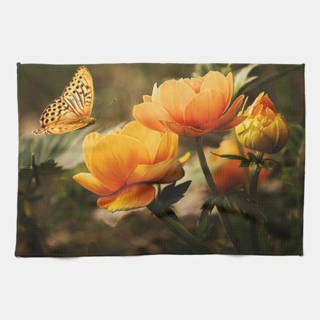 Bright Deep Yellow Flowers with Butterfly Kitchen Towel (Horizontal)