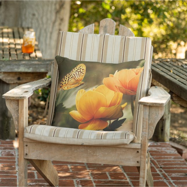Bright Deep Yellow Flowers with Butterfly Outdoor Pillow (Chair)