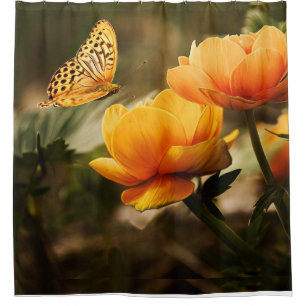Bright Deep Yellow Flowers with Butterfly Shower Curtain