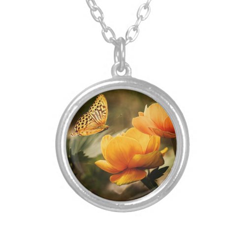 Bright Deep Yellow Flowers with Butterfly Silver Plated Necklace