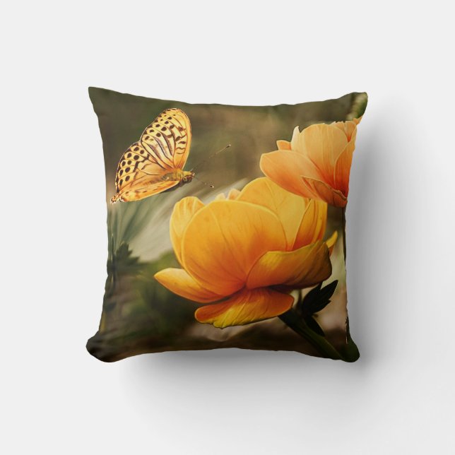 Bright Deep Yellow Flowers with Butterfly Throw Pillow (Front)