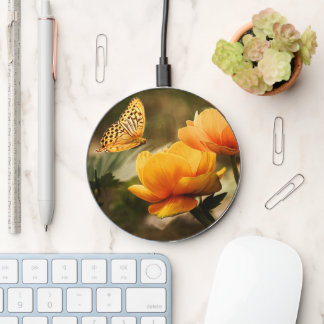 Bright Deep Yellow Flowers with Butterfly Wireless Charger