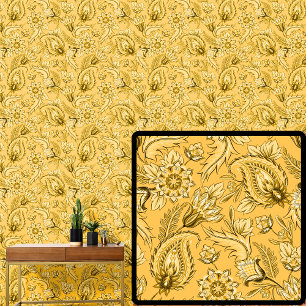 Bright Deep Yellow Gold Floral Paisley Elegant Wallpaper