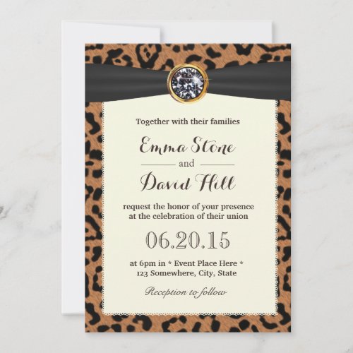 Bright Diamond Black Ribbon Leopard Print Wedding 5x7 Paper Invitation Card