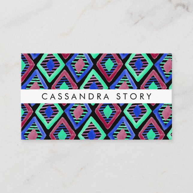 Bright Diamonds Watercolor Modern Pattern Black Business Card (Front)