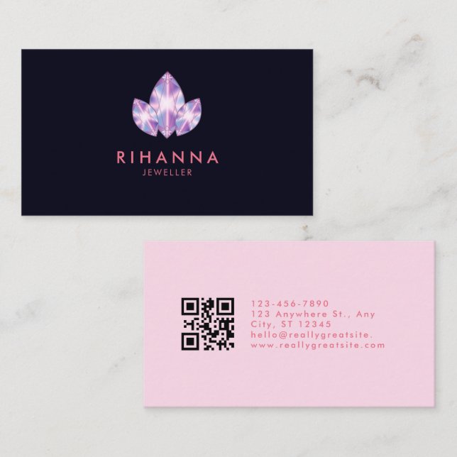 Bright Dimond Jeweler Pink Navy Minimal QR code  Business Card (Front/Back)