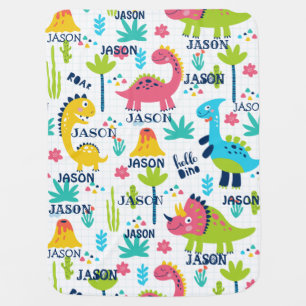 Bright Dinosaur Pattern with Custom Name Baby Blanket