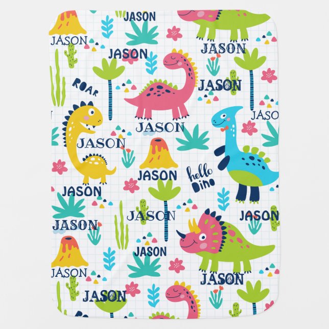 Bright Dinosaur Pattern with Custom Name Baby Blanket (Front)