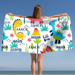Bright Dinosaur Pattern with Custom Name Beach Towel