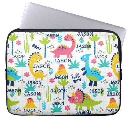 Bright Dinosaur Pattern with Custom Name Laptop Sleeve