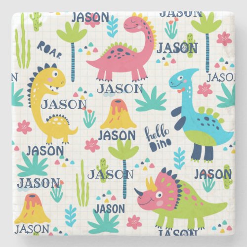 Bright Dinosaur Pattern with Custom Name Stone Coaster