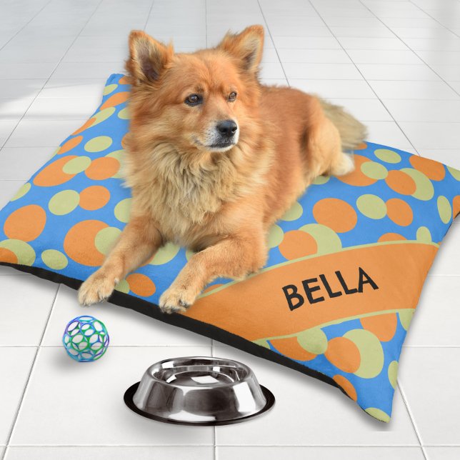 Bright Dots Colorful Pattern Personalized Name Dog Pet Bed (A stylish and modern dog bed, in blue with green and orange dots, personalized with your pet's name)