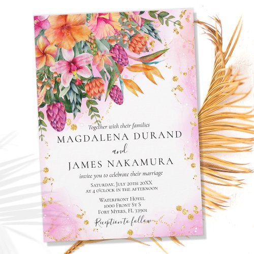 Bright Elegant Pink Orange Tropical Floral Wedding Invitation