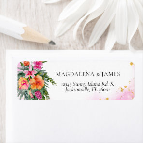 Bright Elegant Pink Orange Tropical Island Floral Label