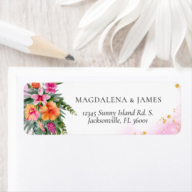 Bright Elegant Pink Orange Tropical Island Floral Label (Insitu)