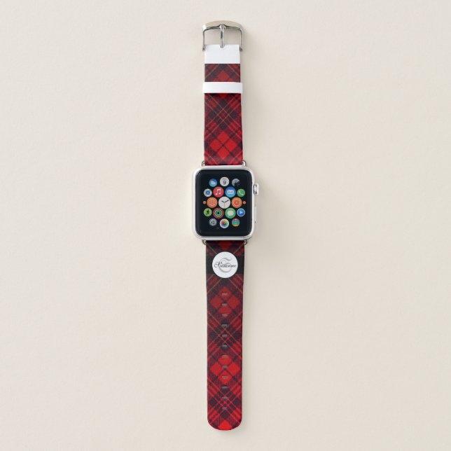 Bright Elegant Red Christmas tartan Monogram Apple Watch Band (Front)