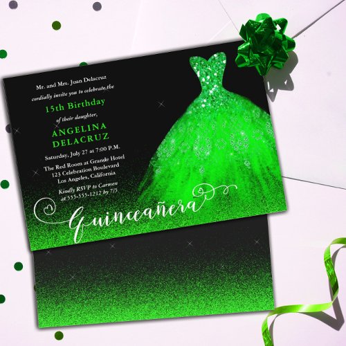 Bright Emerald Green Spanish Gown Quinceaera  Invitation