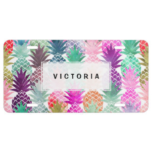 Bright exotic pineapples pastel watercolor license plate