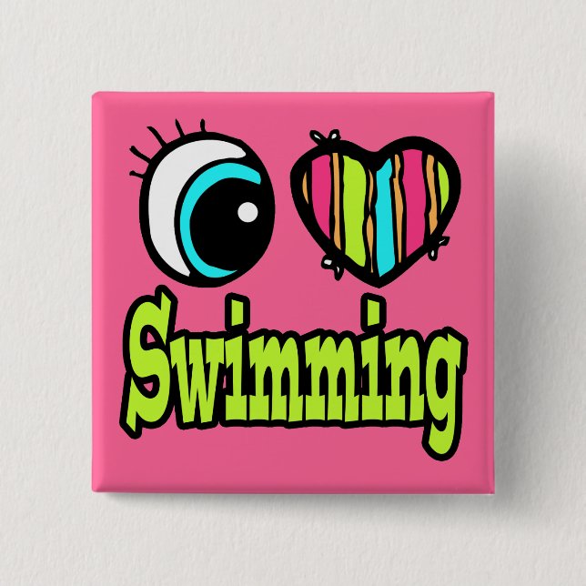 Bright Eye Heart I Love Swimming Pinback Button (Front)