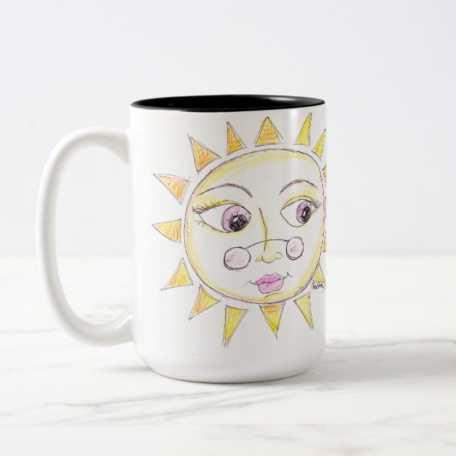 Bright eyed sun with glasses Two-Tone coffee mug (Left)