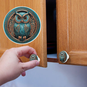 Bright Eyed Turquoise Owl Ceramic Knob