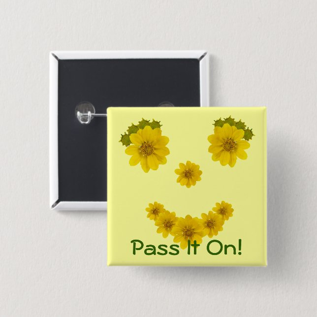 Bright Eyed Yellow WildFlower Smile Pinback Button (Front & Back)