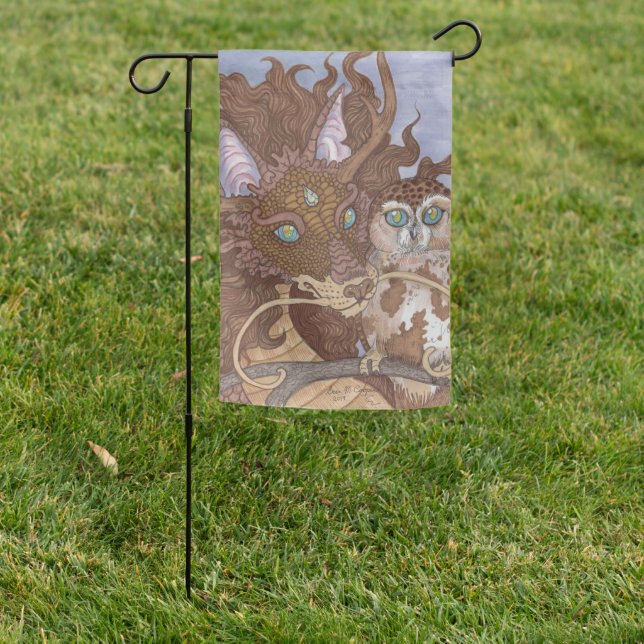 Bright Eyes Owl and Dragon Garden Flag (In SItu)