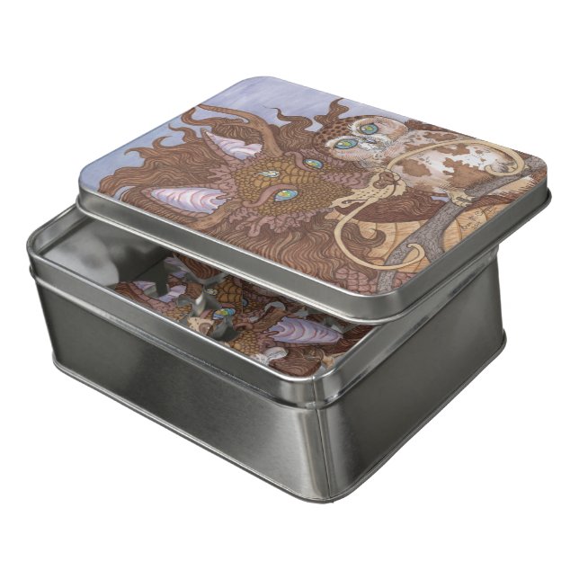 Bright Eyes Owl and Dragon Jigsaw Puzzle (Lid Open)