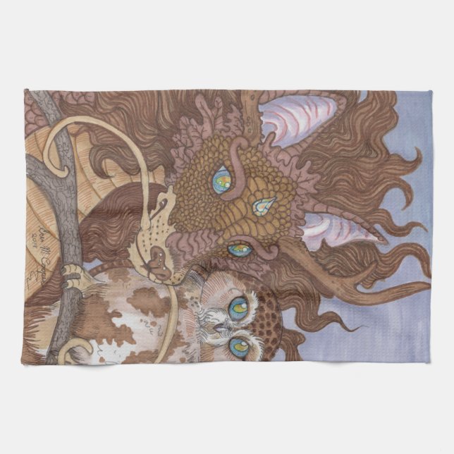 Bright Eyes Owl and Dragon Kitchen Towel (Horizontal)