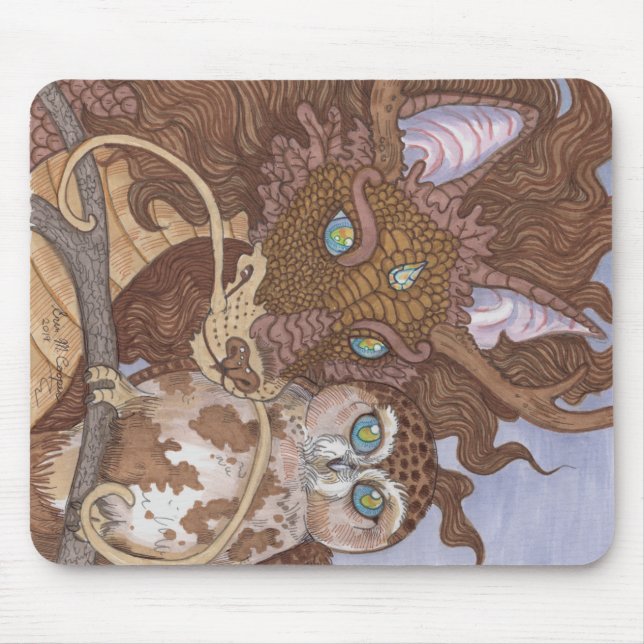Bright Eyes Owl and Dragon Mouse Pad (Front)